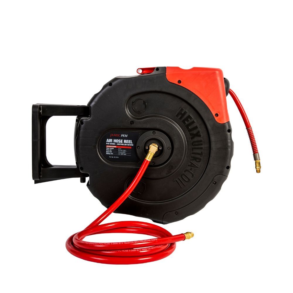 Air hose reel wall mounting 20 bar 20 m 3/8 16 x 10 mm with swivel arm and  set of plug-in nipples and universal quick coupling