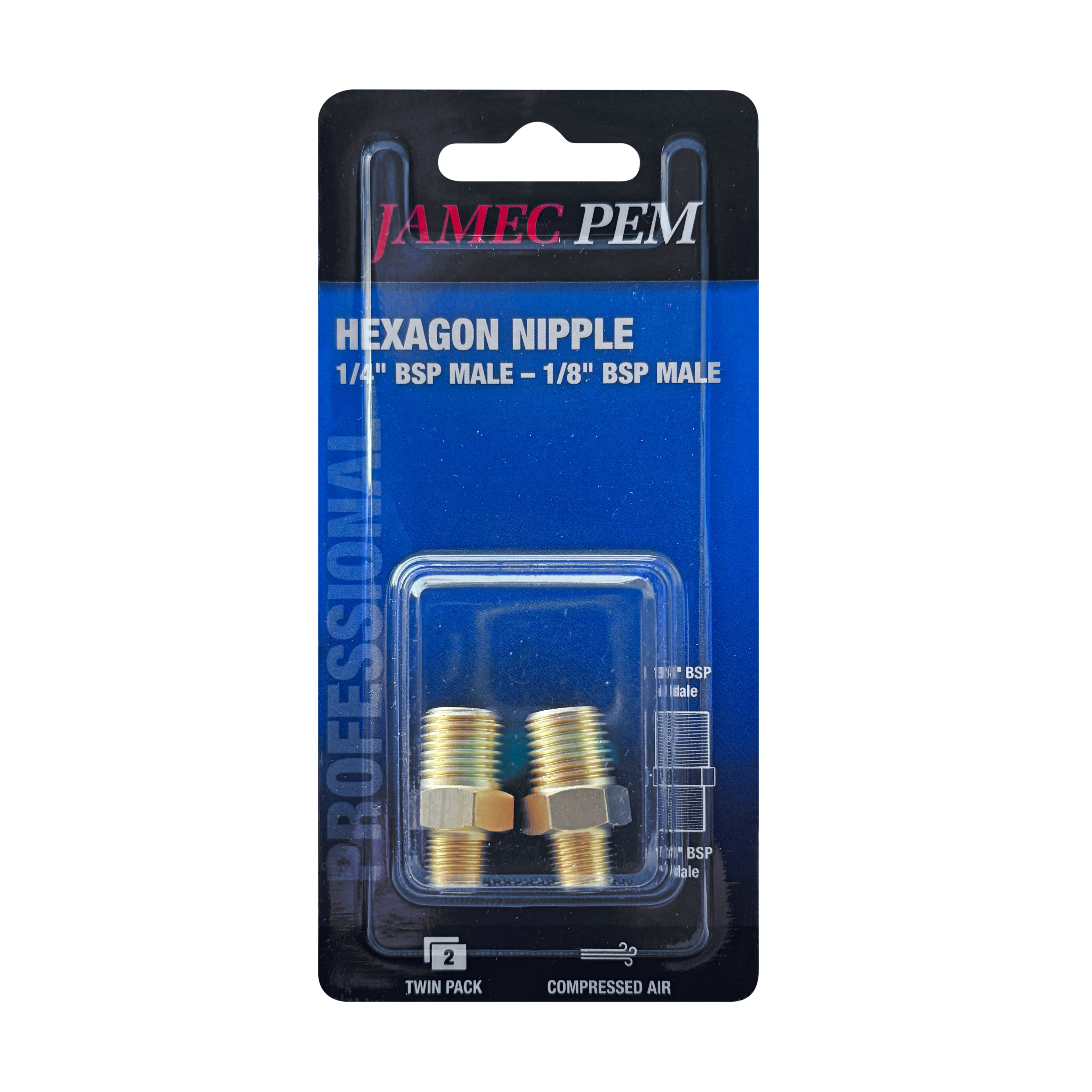 1/4" BSP Male x 1/8" BSP Male Hexagon Nipple Brass - 2 Pack