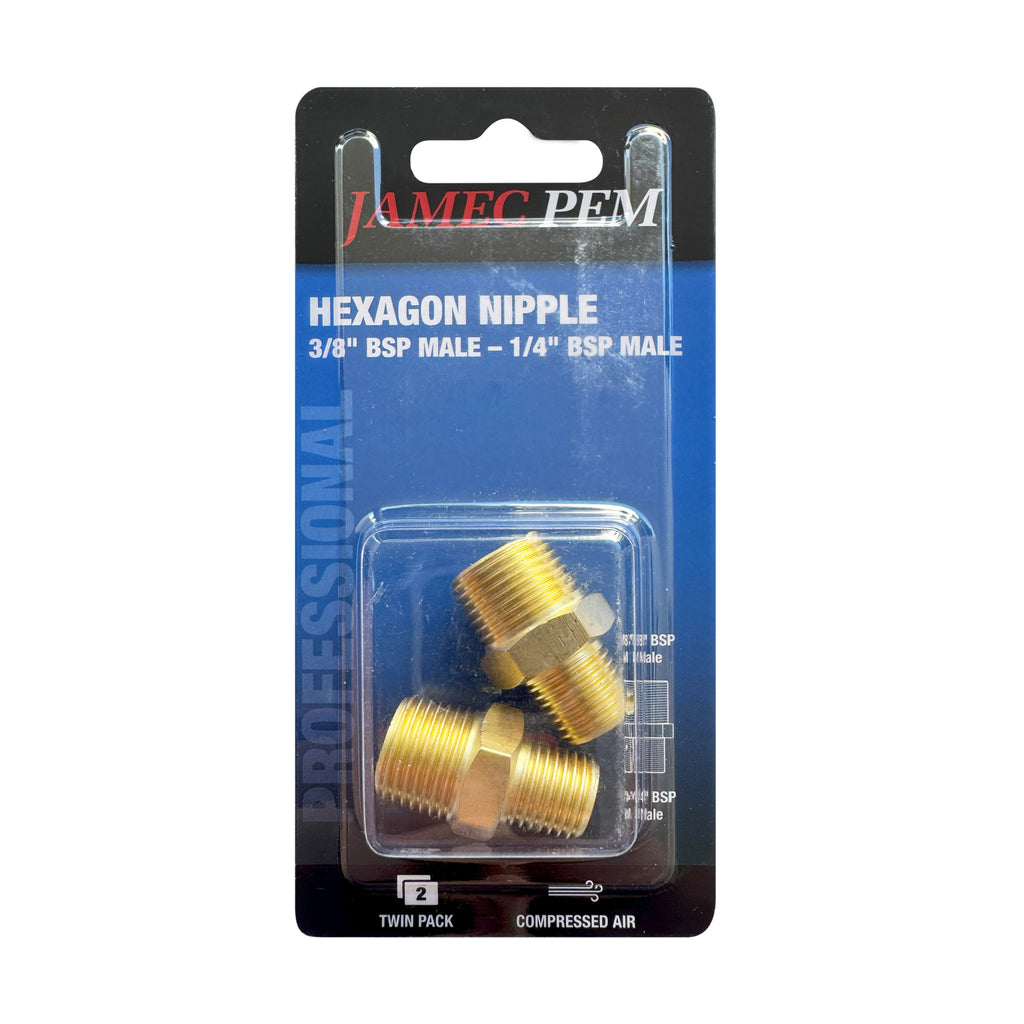 1/4" BSP Male x 3/8" BSP Male Hexagon Nipple Brass - 2 pack