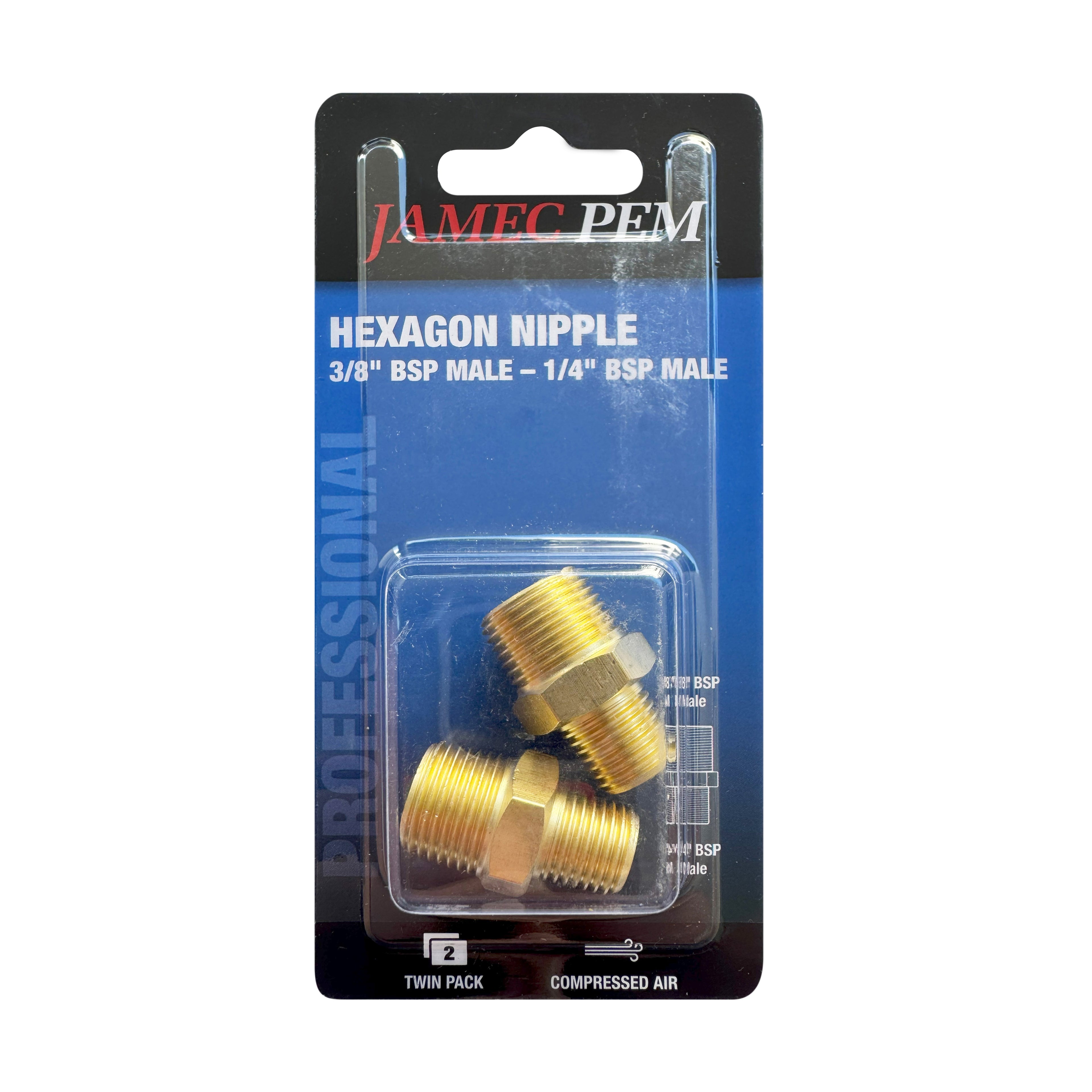 1/4" BSP Male x 3/8" BSP Male Hexagon Nipple Brass - 2 pack