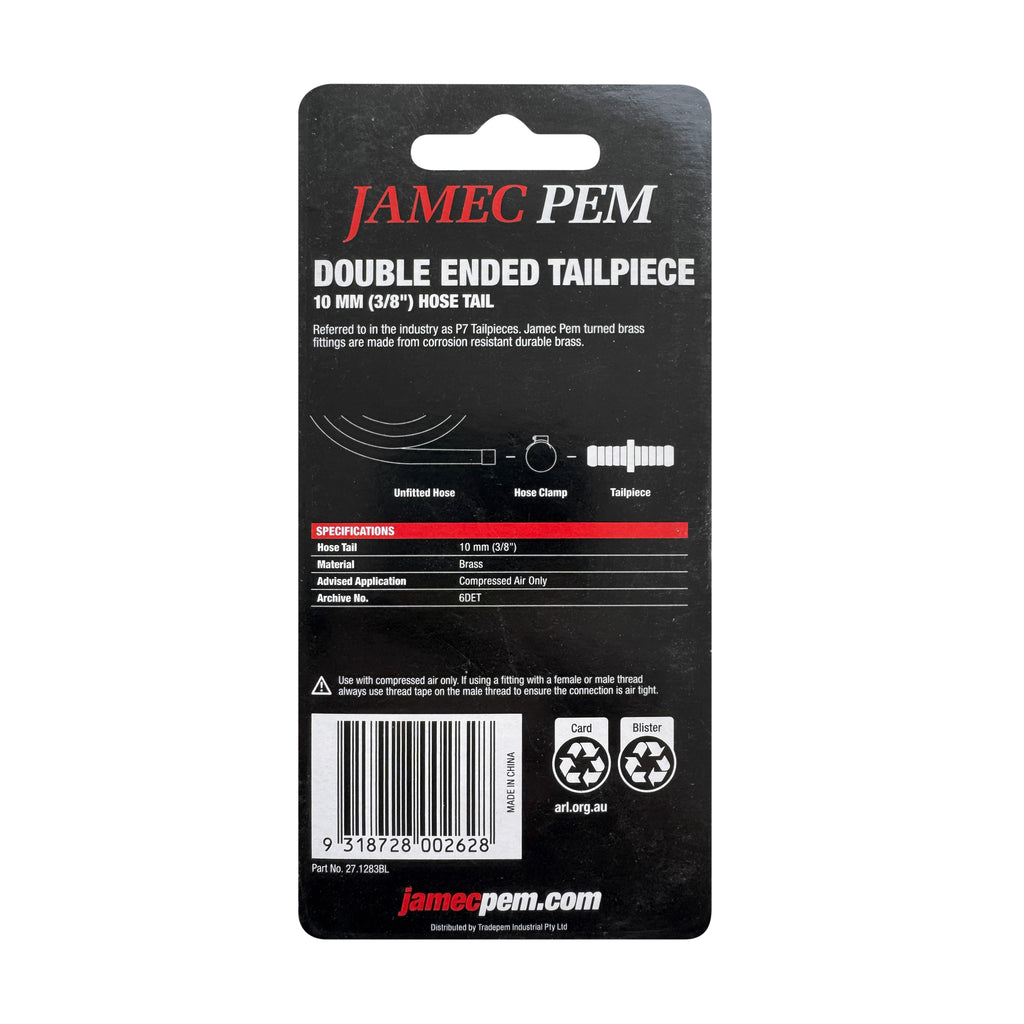 3/8" (10mm) Hose Tail Joiner Brass - 2 Pack