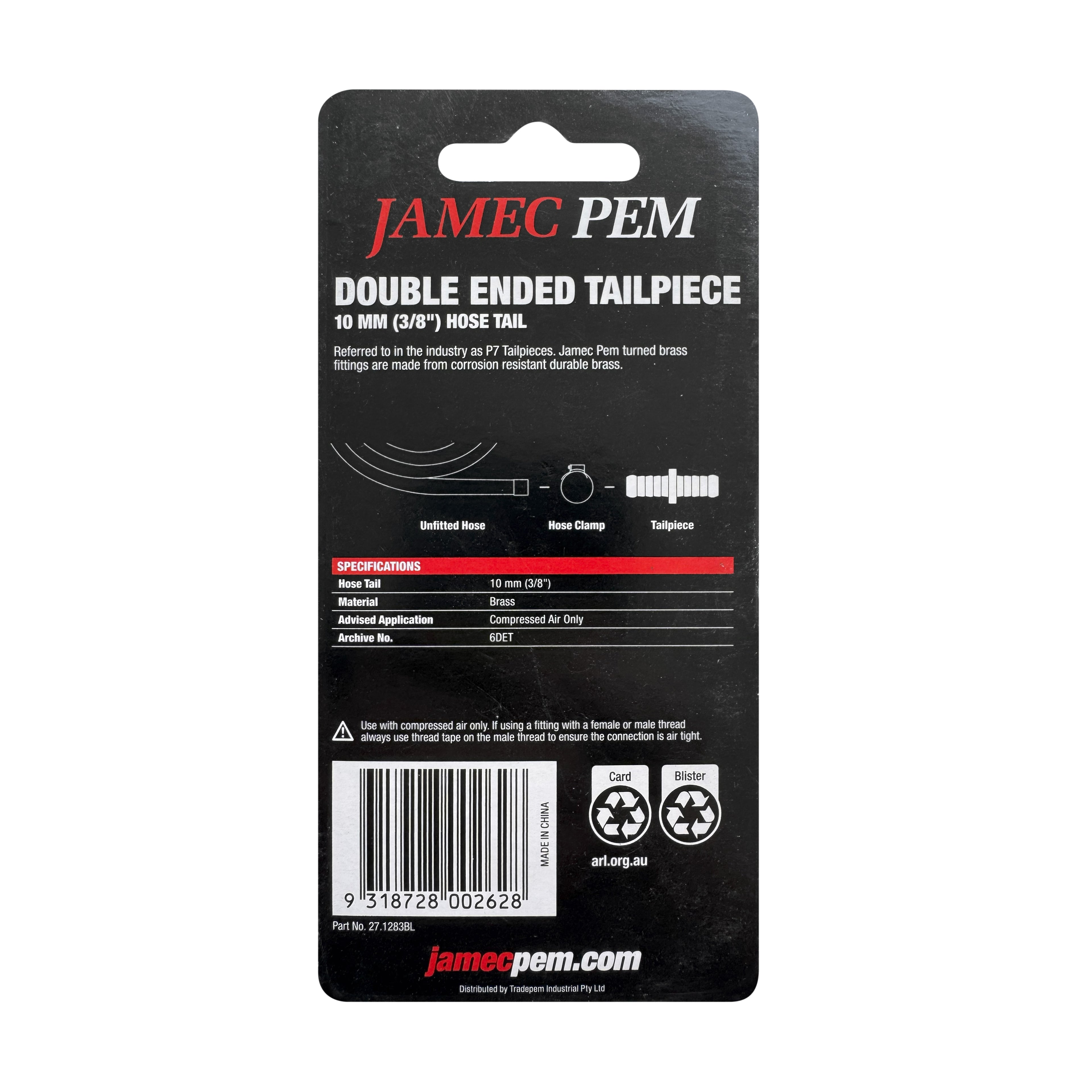 3/8" (10mm) Hose Tail Joiner Brass - 2 Pack