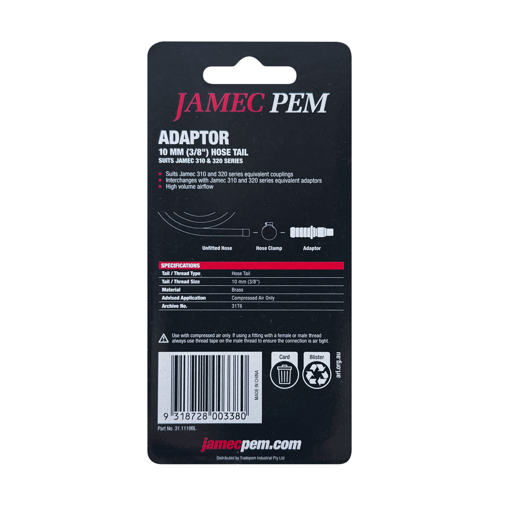 Jamec Pem 310/320 Series - Adaptor 10 mm (3/8") Hose Tail - 2 Pack