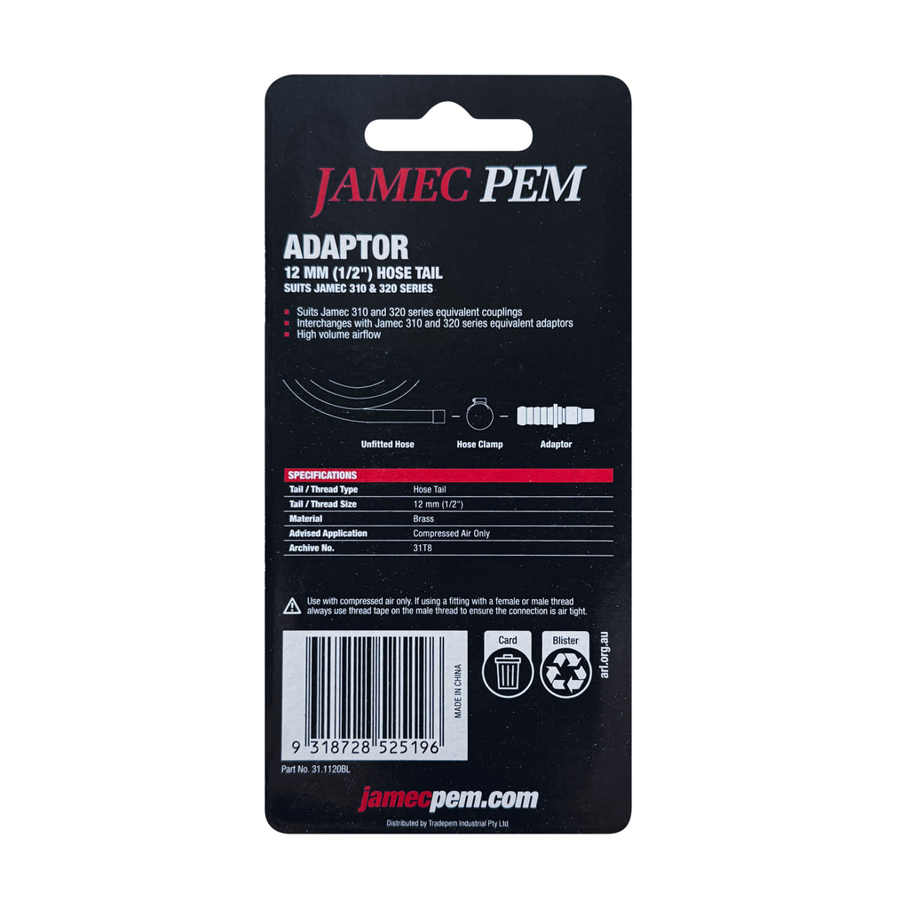 Jamec Pem 310/320 Series - Adaptor 12 mm (1/2") Hose Tail