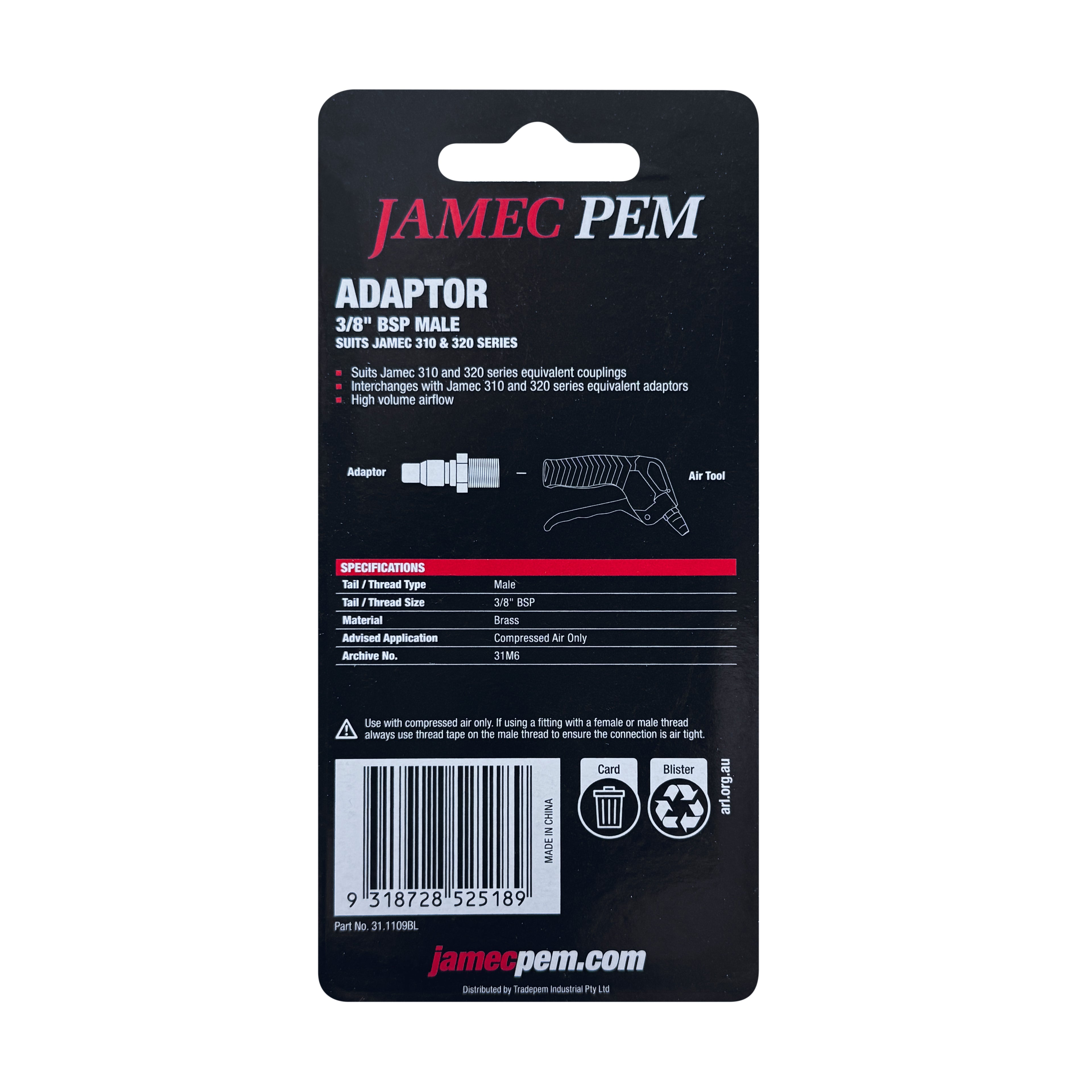 Jamec Pem 310/320 Series - Adaptor 3/8" BSP Male