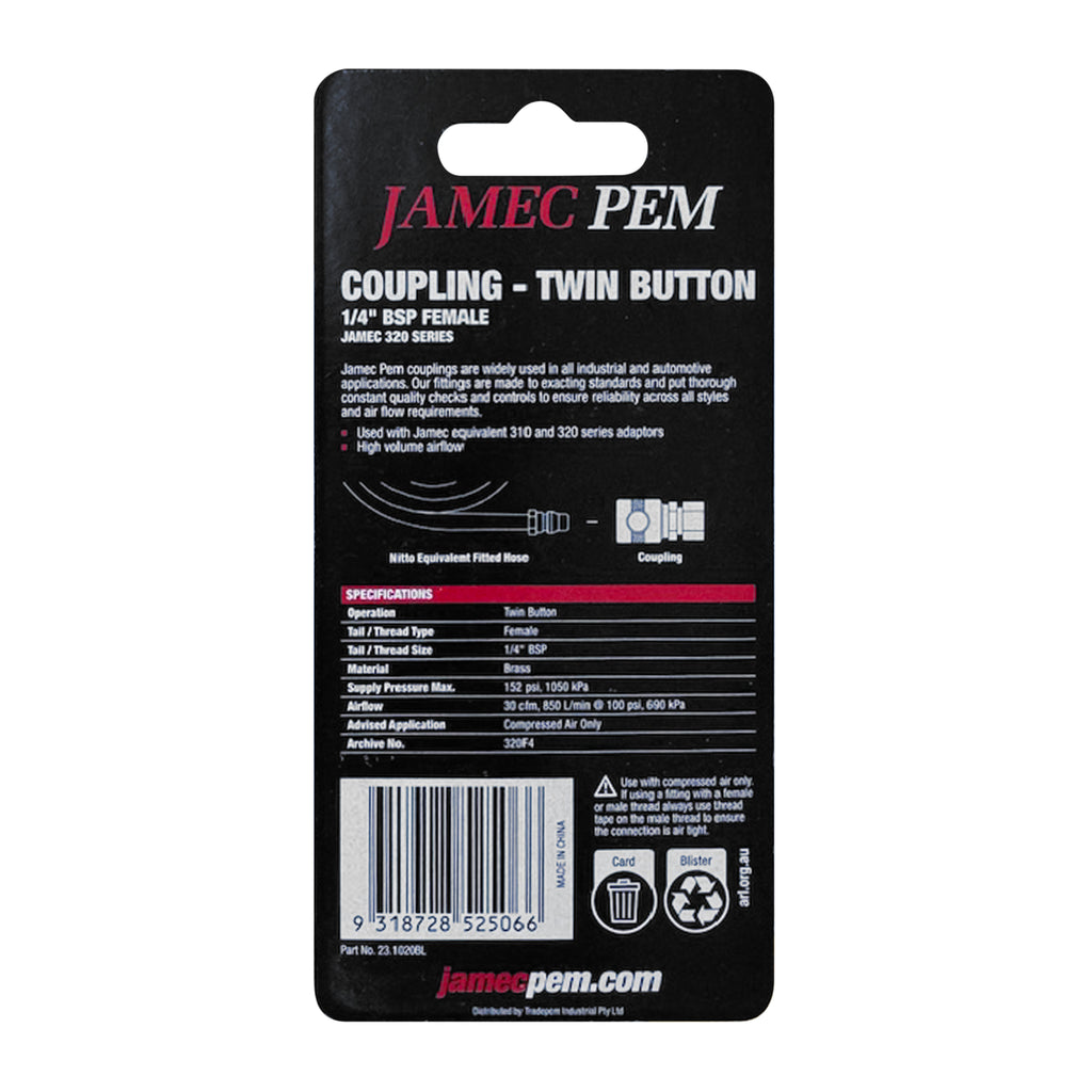 Jamec Pem 320 Series - Twin Button -  1/4" BSP Female Coupling