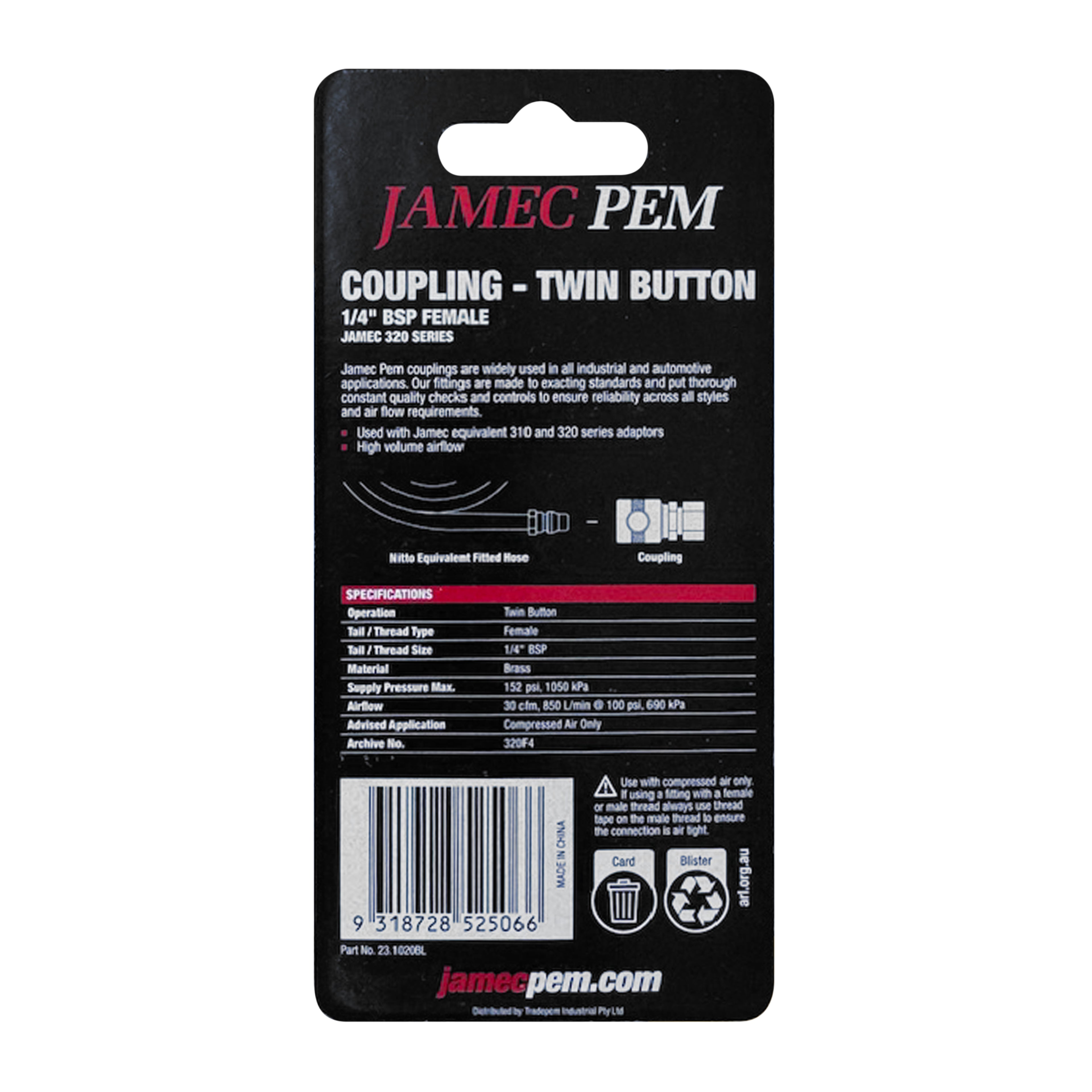 Jamec Pem 320 Series - Twin Button -  1/4" BSP Female Coupling