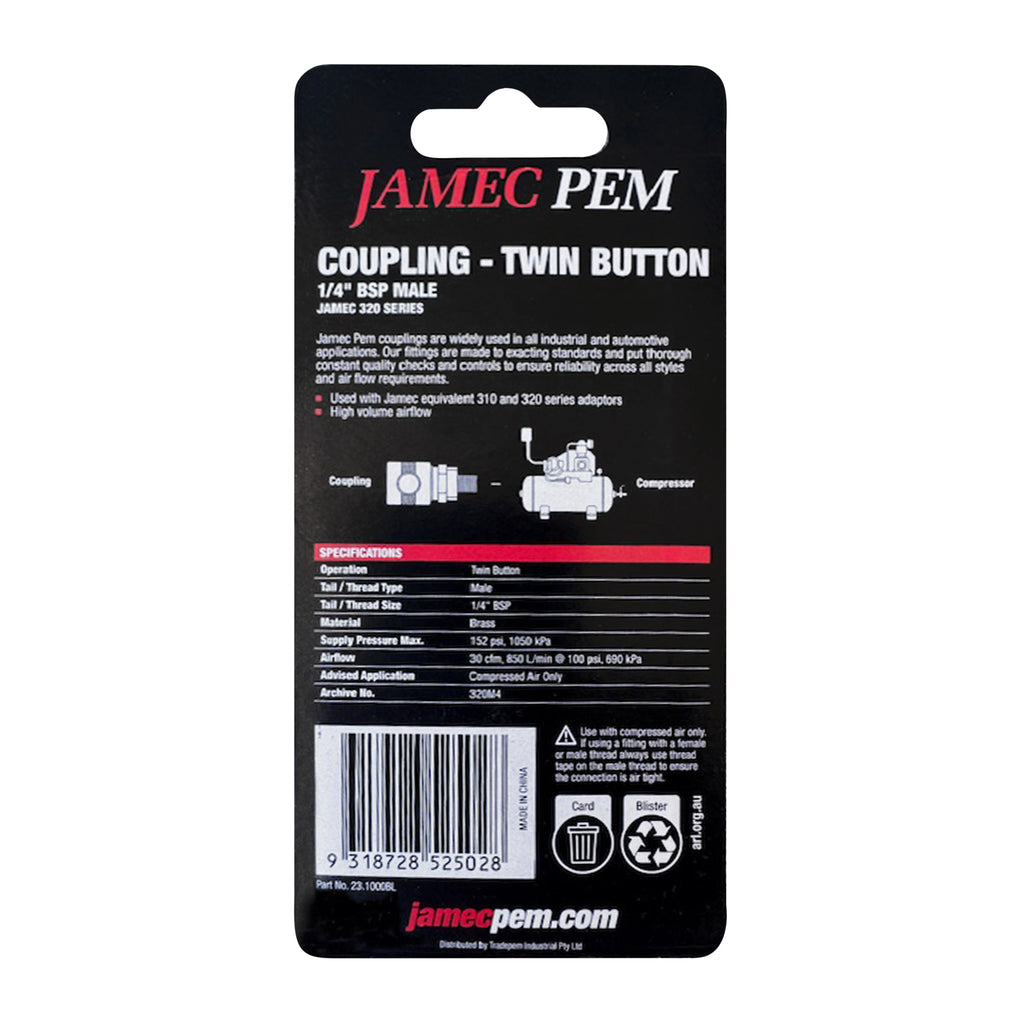Jamec Pem 320 Series - Twin Button -  1/4" BSP Male Coupling