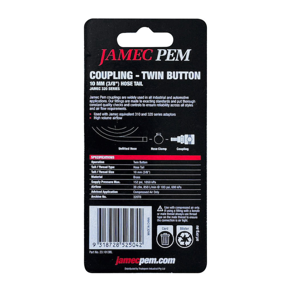 Jamec Pem 320 Series - Twin Button -  10 mm (3/8" ) Hose Tail Coupling