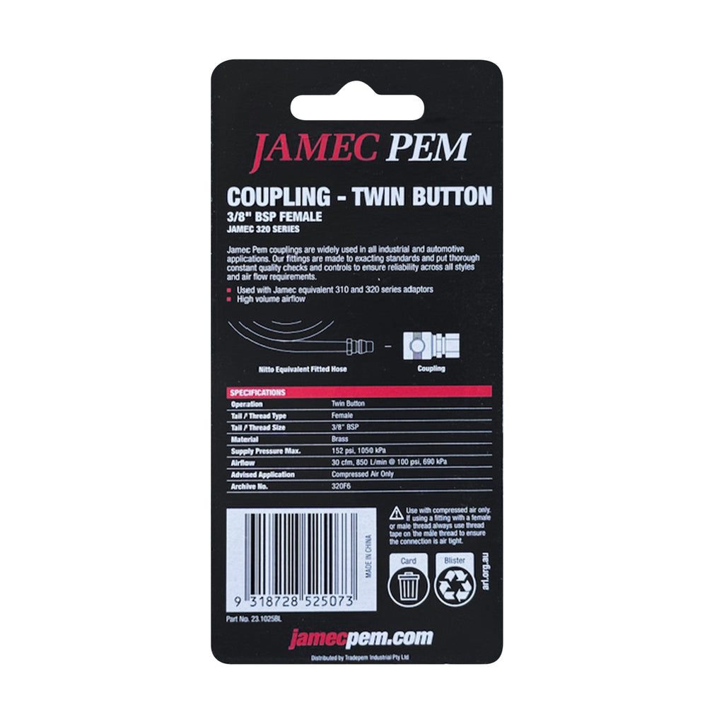 Jamec Pem 320 Series - Twin Button -  3/8" BSP Female Coupling