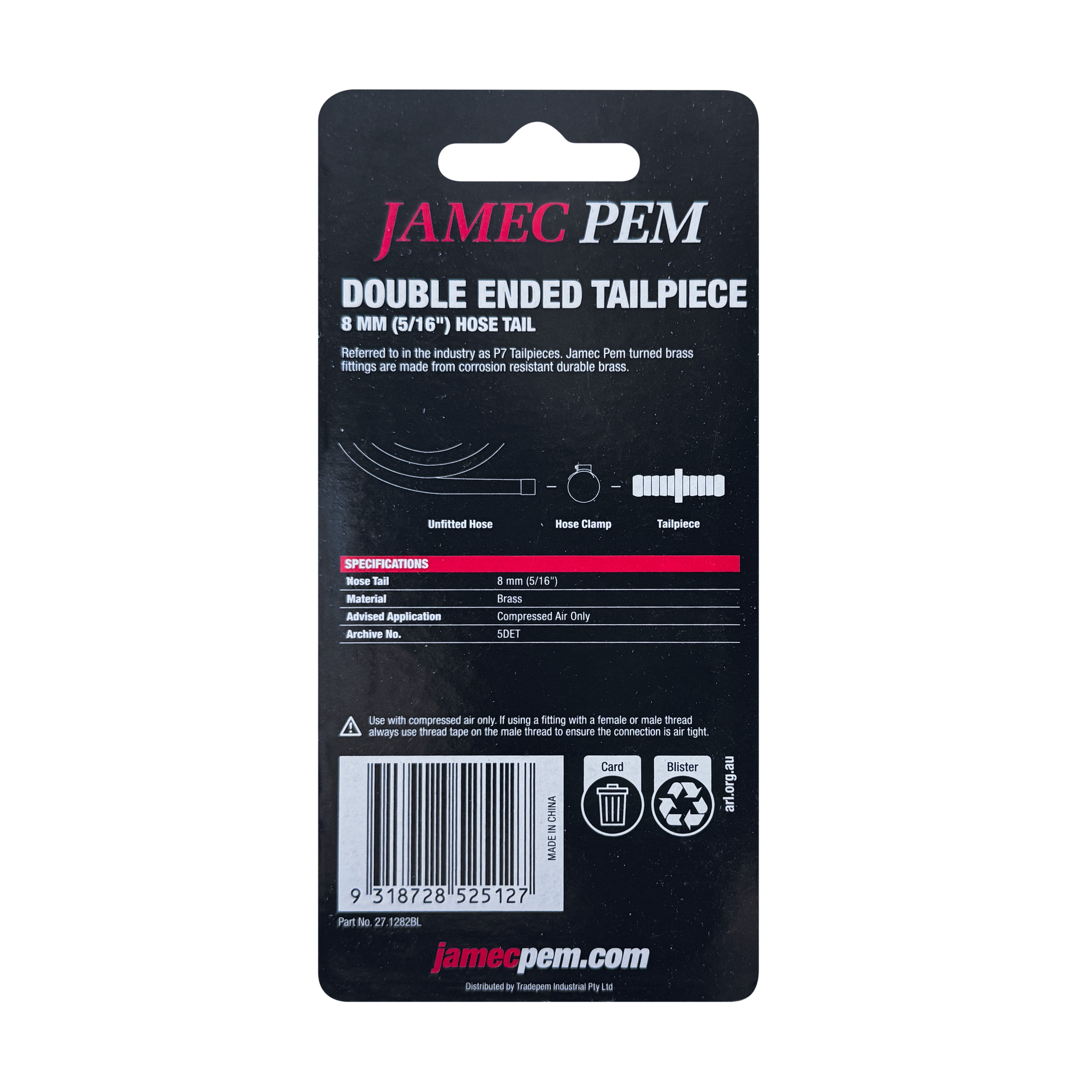 5/16" (8mm) Hose Tail Joiner Brass - 2 Pack