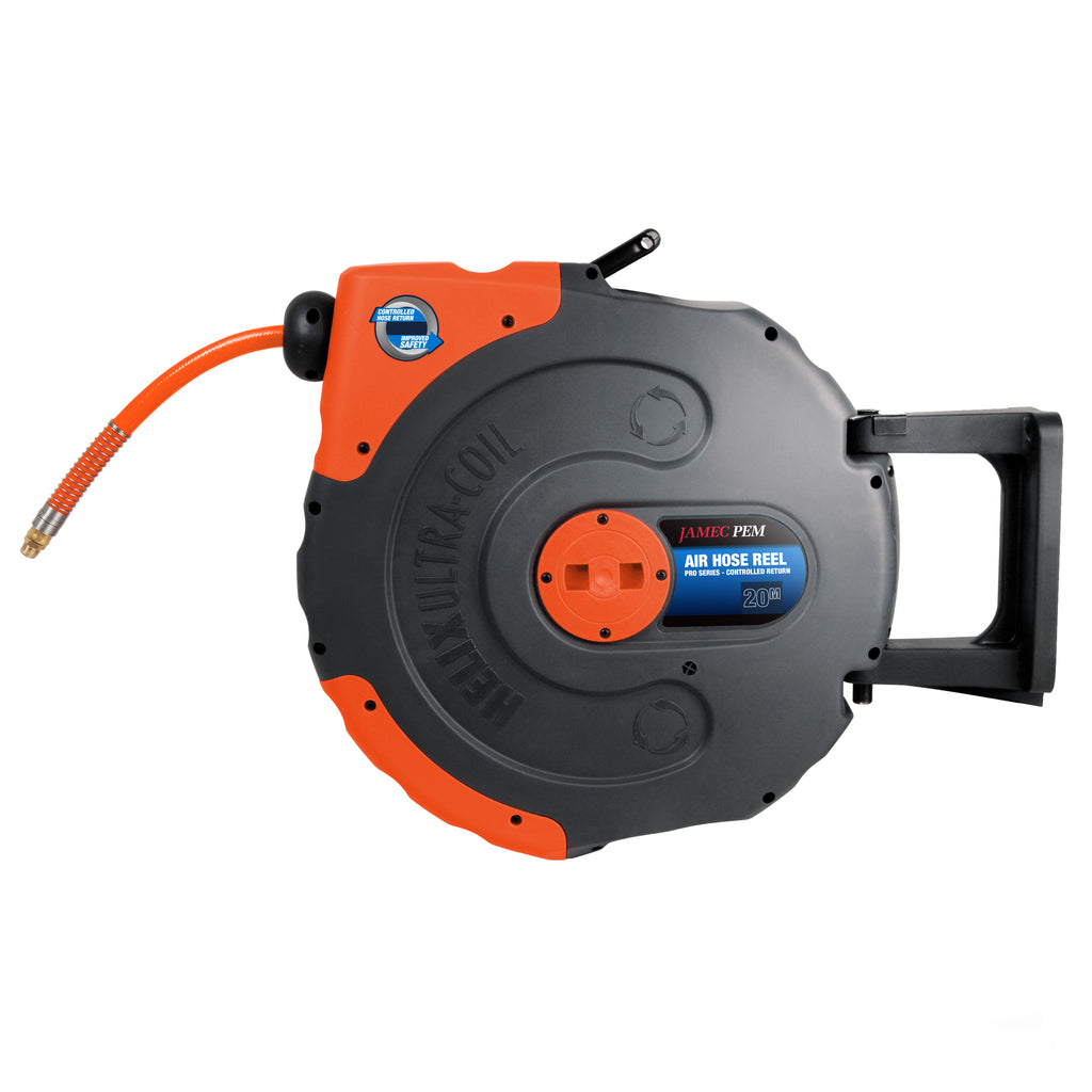 Air Hose Reel - Retractable - 10mm (3/8") - 20 metres - PVC Hose - Hi Vis for Workshops and Worksites