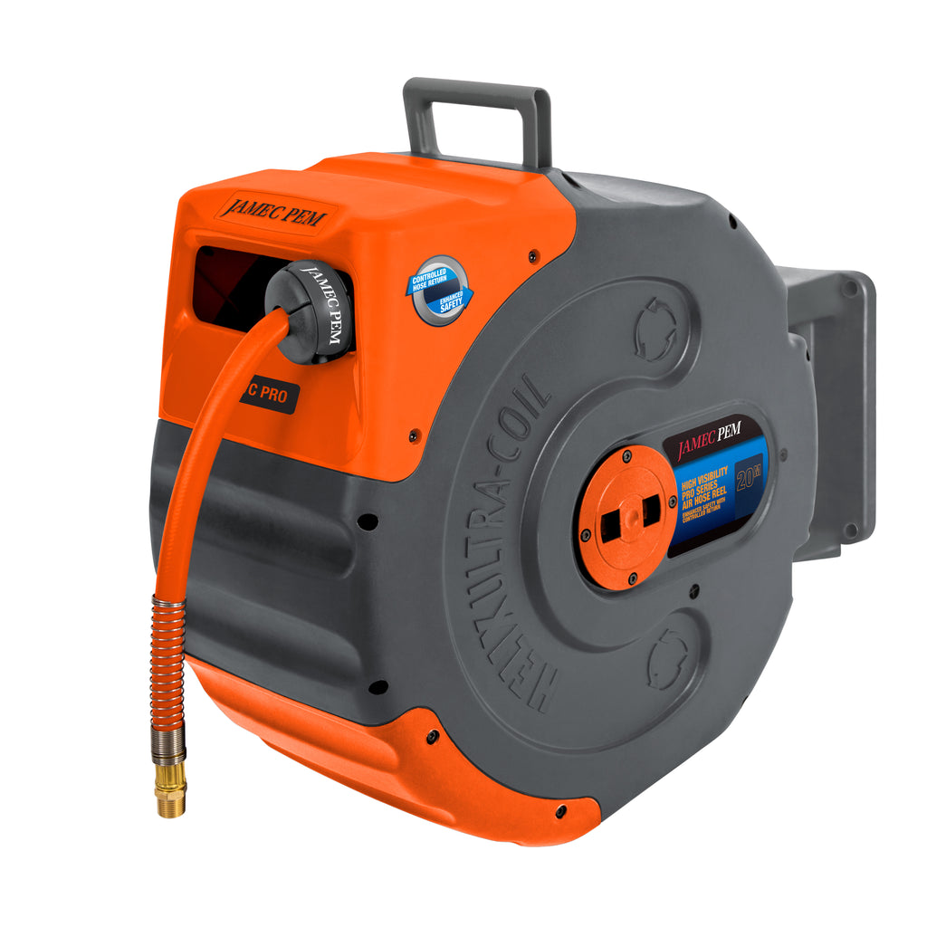 Air Hose Reel - Retractable - 10mm (3/8") - 20 metres - PVC Hose - Hi Vis for Workshops and Worksites